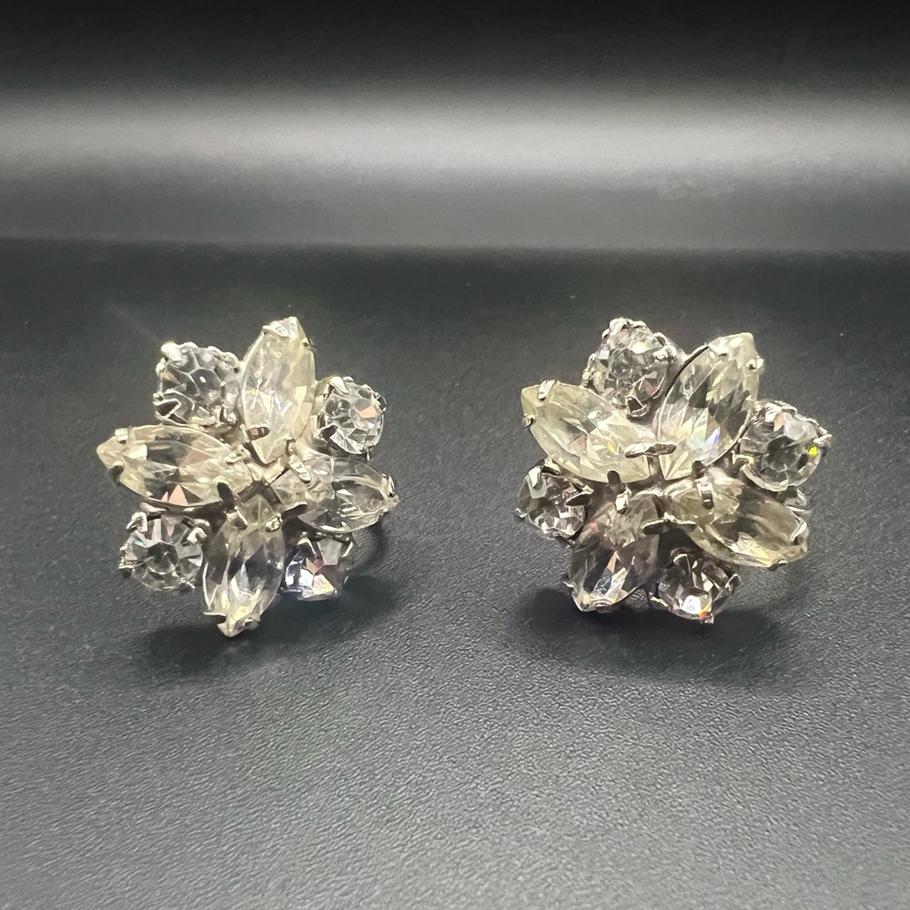Vintage Silver Tone and Rhinestone Screw Back Floral Earrings